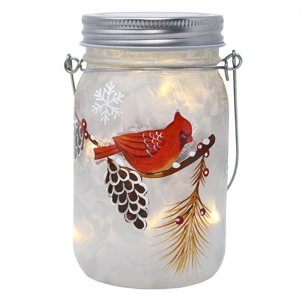 GC - 5.5" LED Frosted Glass Mason Jar - Cardinal & Pine