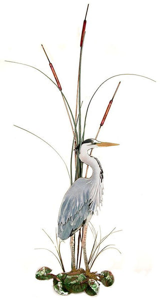 Bovano - Wall Sculpture - Large Great Blue Heron w/ Cattails - Right Facing