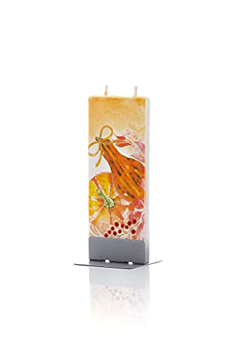 FLATYZ Handmade Flat Candle - Fall Gourds & Pumpkins | Hand Painted, Unscented Decorative Candles | Drip-Resistant & Smoke-Free 2 Wick Candle for Home & Room Decor | Steel Stand Included