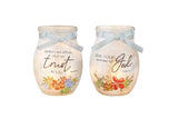 Stony Creek - 4" Frosted Glass Lighted Jar w/Ribbon - Trust in God with Worries