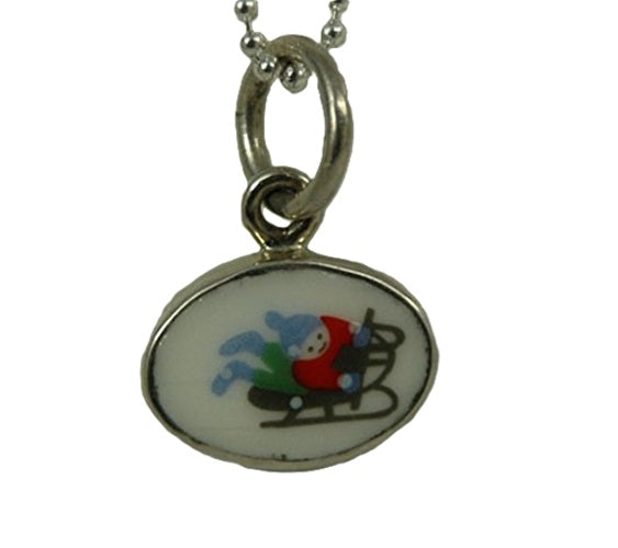 Hand Cut China - Sterling Silver Pendant - Oval Winter Scene