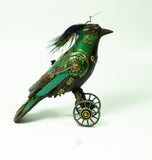 Mullanium - Steampunk Inspired Sculpture - Large Emerald Jay on Wheels