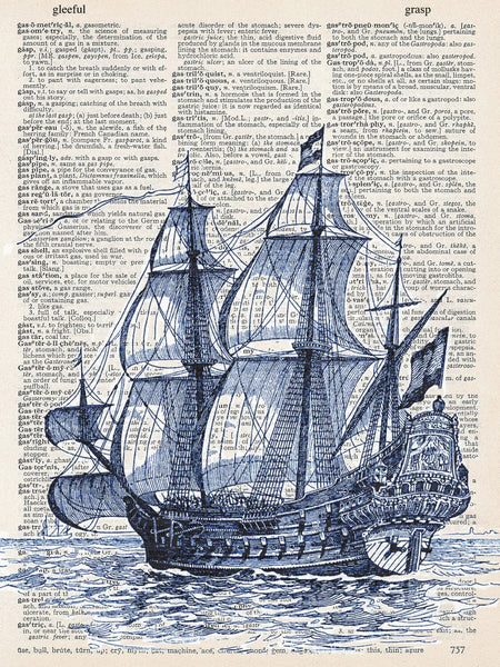ArtNWordz -  Vintage Recycled Dictionary Print - Tall Blue Ship (TBS)