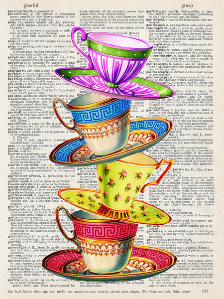 ArtNWordz -  Vintage Recycled Dictionary Print - Stacked Tea Cups