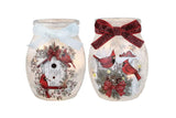 Stony Creek - 4" Glass USB Lighted Jar w/Red Ribbon - Country Cardinals