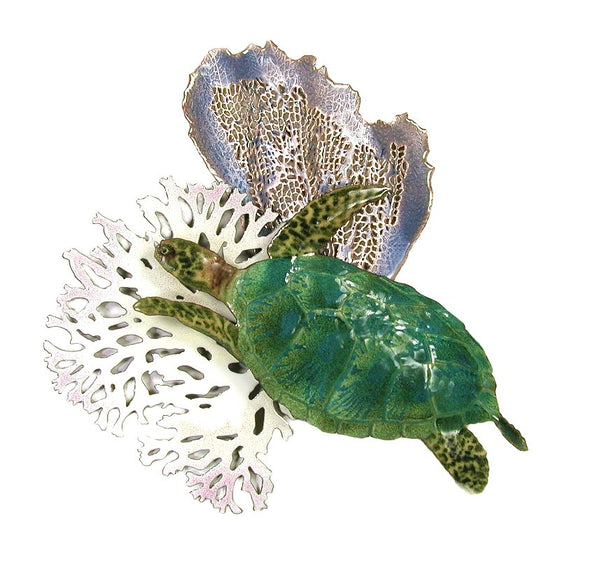 Bovano - Wall Sculpture - Sea Turtle w/ Coral - Blue