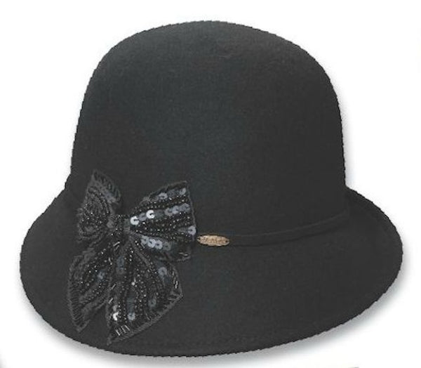 Dorfman Pacific - Scala - Cloche Wool Felt Hat - Black w/ Sequin Bow