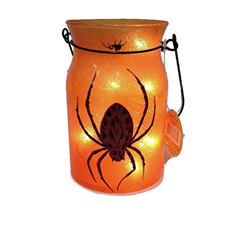 Stony Creek - Glitter Glass - 6.5" Lighted Orange Jar w/ Handle - Big Spider
