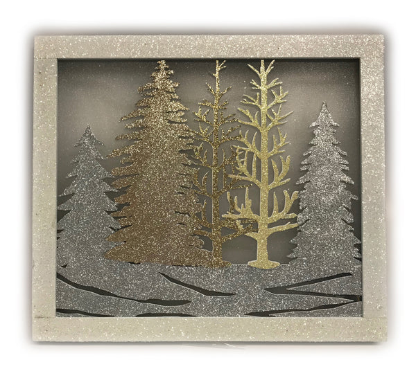 Stony Creek - Laser Cut - 16" Wall Plaque Lighted - Gold & Silver Trees