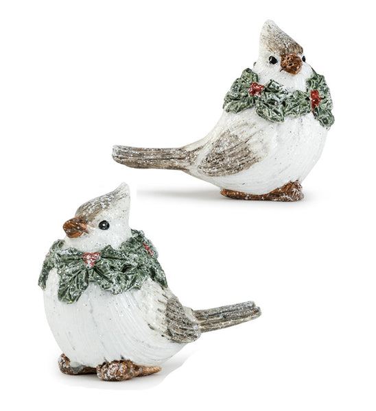 Napco - White Glitter Birds w/Holly Scarf Figurine Pair