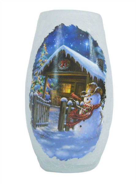 Stony Creek - Frosted Glass - 7" Lighted Vase - Cowboy Snowman & Cabin