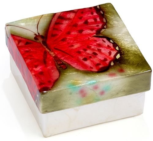 Kubla Craft - Capiz Shell Trinket Box - Red Butterfly