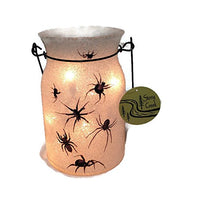 Stony Creek - Glitter Glass - 6.5" Lighted White Jar w/ Handle - Creepy Spiders