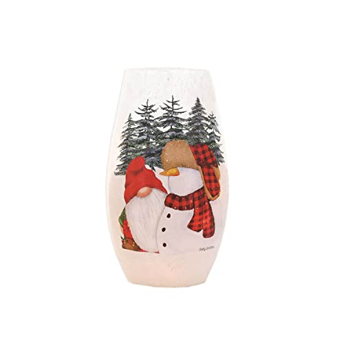 Stony Creek - Frosted Glass - 7" Lighted Vase - Buffalo Plaid Gnome & Snowman