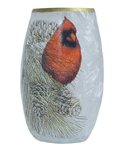 Stony Creek - Frosted Glass - 5" Lighted Vase - Cardinal, Branch & Pinecone