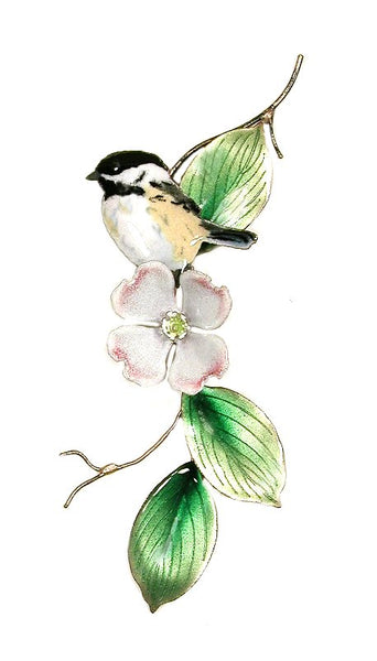 Bovano - Wall Sculpture - Chickadee Looking Left on Dogwood