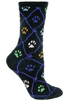 Wheel House Designs - Colorful Cat Paws on Black Socks - 10-13