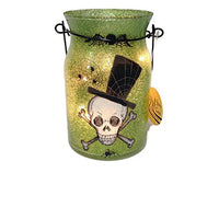 Stony Creek - Glitter Glass - 6.5" Lighted Green Jar w/ Handle - Skull