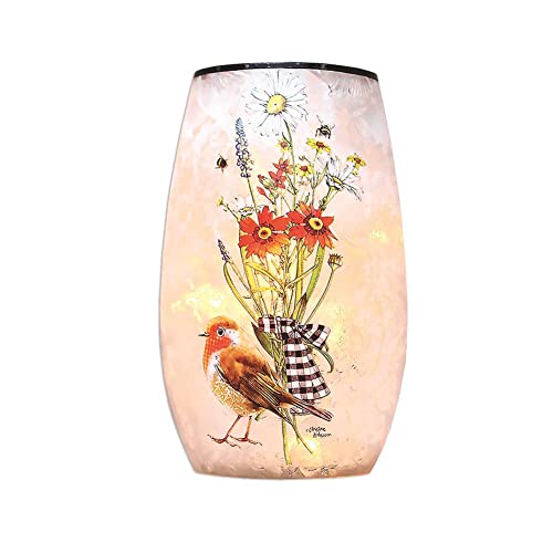Stony Creek - Frosted Glass - 5" Lighted Vase - Bird & Bouquet