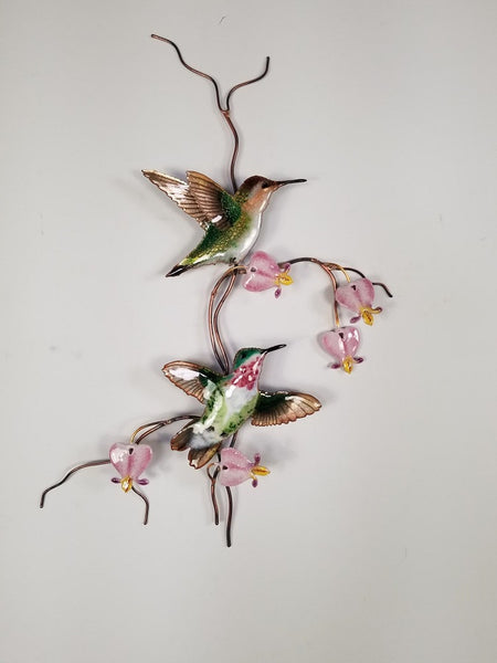 Bovano - Wall Sculpture - 2 Hummingbirds w/ Bleeding Heart Flowers